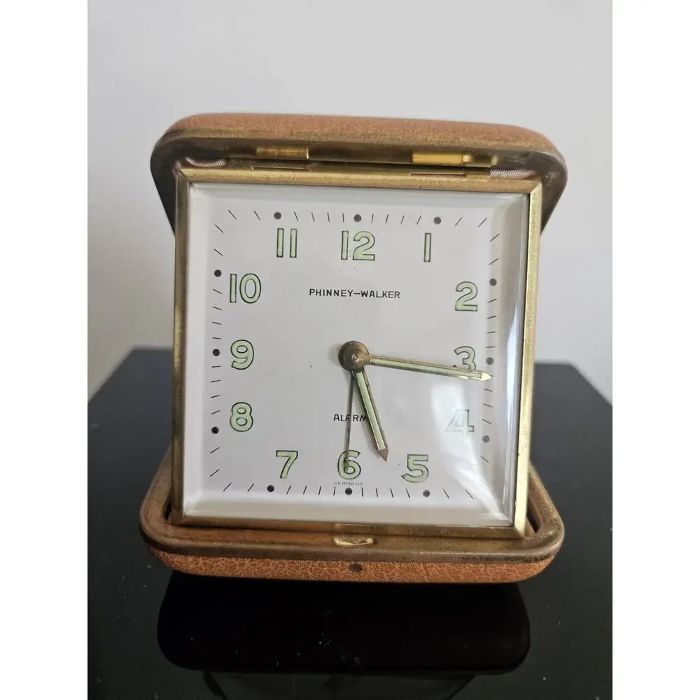 Vintage Phinney-Walker Germany Folding Travel Alarm Clock Brown Leather Case...